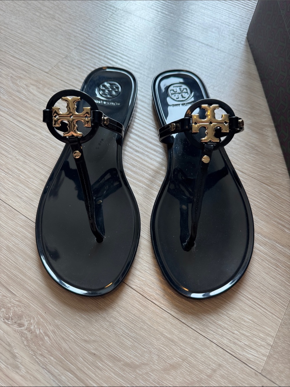 Tory Burch Black Jelly Thong Sandals with Gold Logo